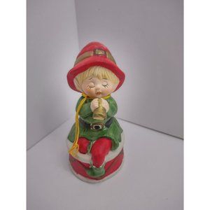 Vintage 70’s Jasco Bisque Bell Christmas Elf Pixie Blowing Horn On Drum 4.5”